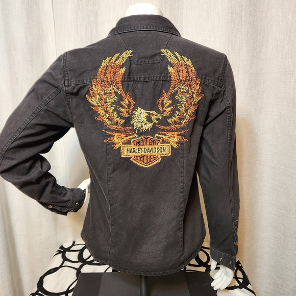 Harley-Davidson Tops - Harley Davidson Embroidered Flame Eagle Black Denim Button Down Shirt Small Y2K